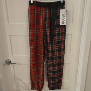Almost Famous Red and Black Plaid Joggers with Stretch Waist & Removable Belt